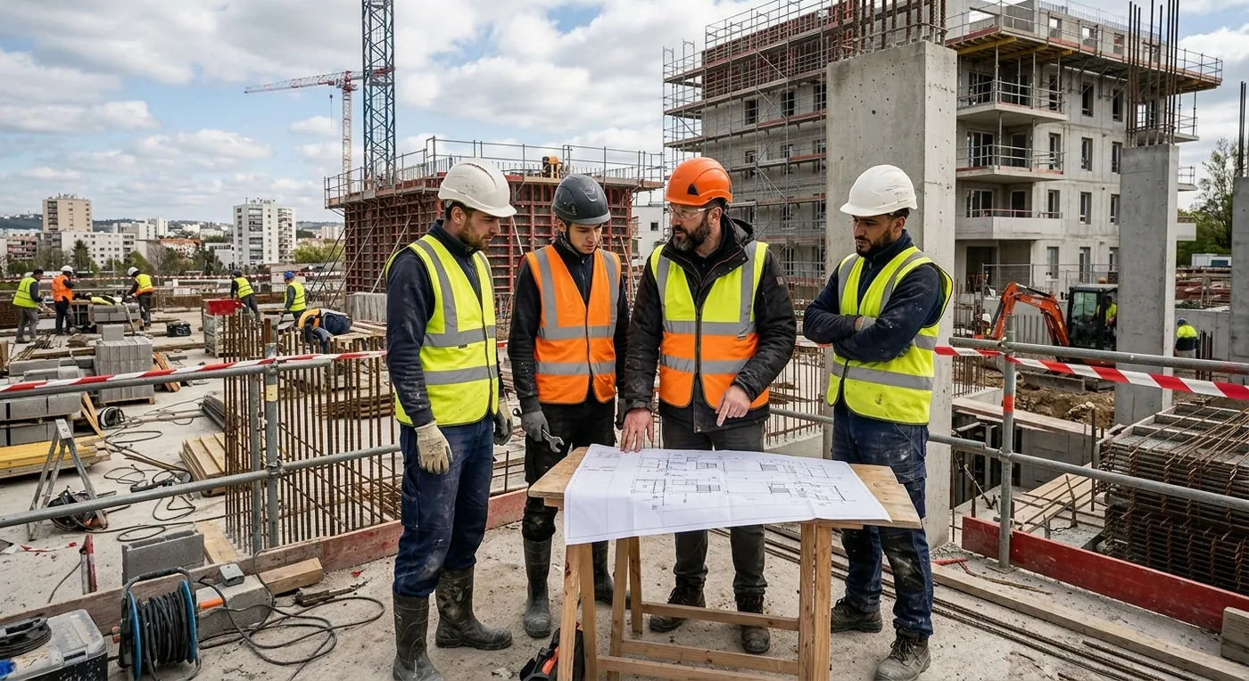 Professionnels du bâtiment étudiant un plan sur un chantier